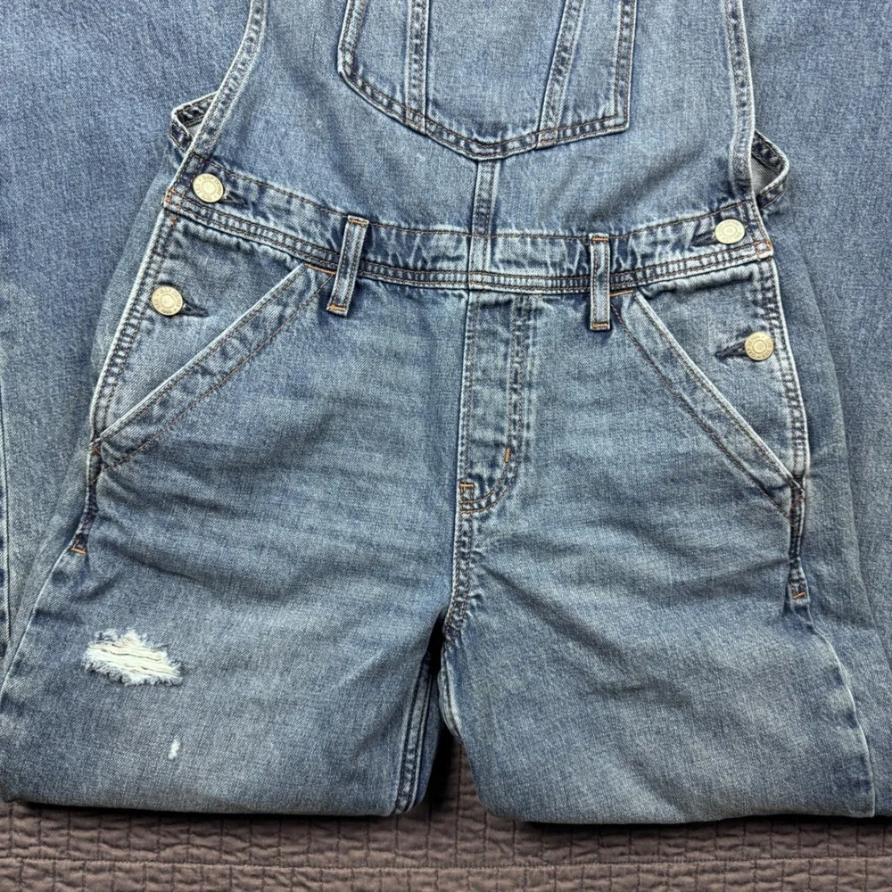 Gap Denim Blue Distressed Bib Overall Girls XXL (14-16) Medium Wash Straight Leg